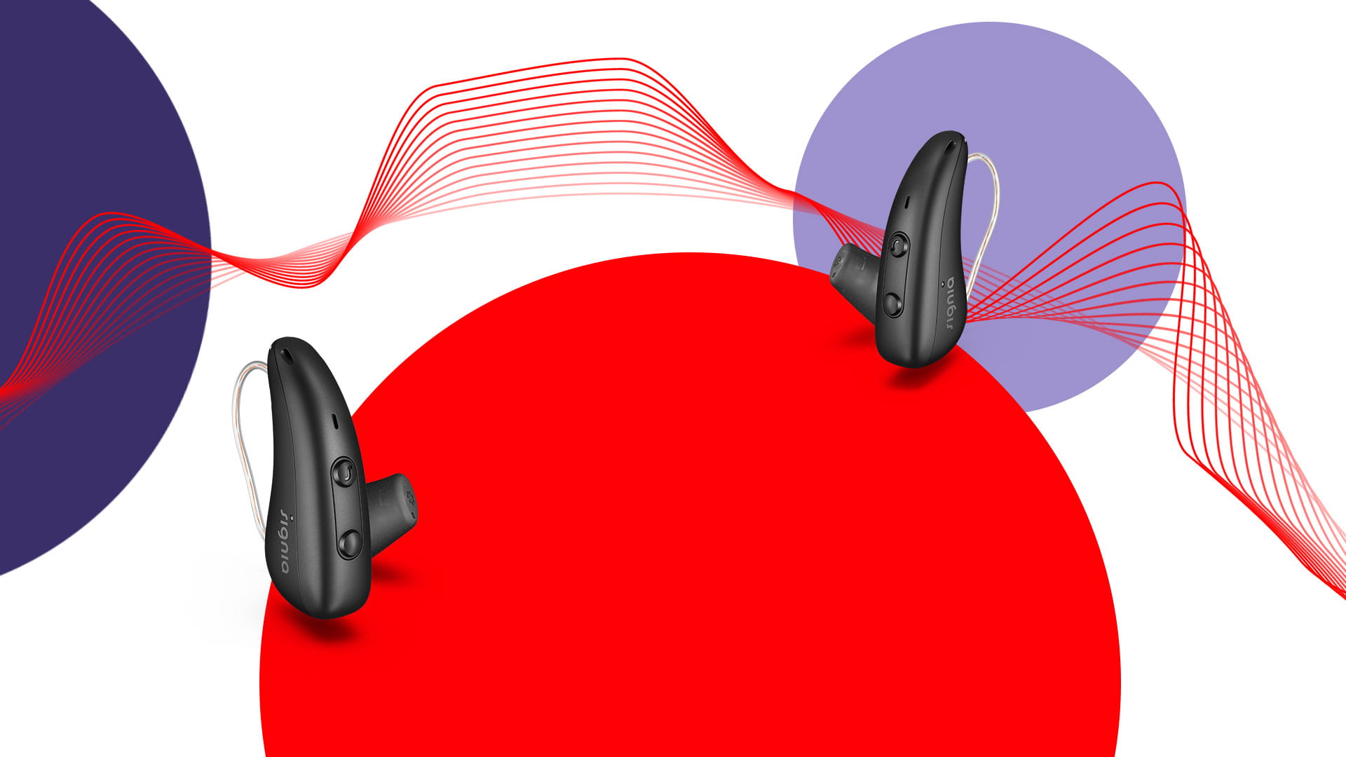 Orion Charge&Go hearing aids with red and purple circles