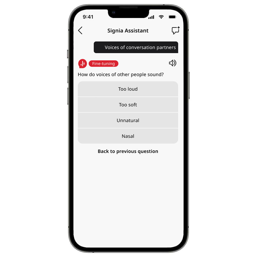Screenshot of the Signia One App Assistent fine tuning 