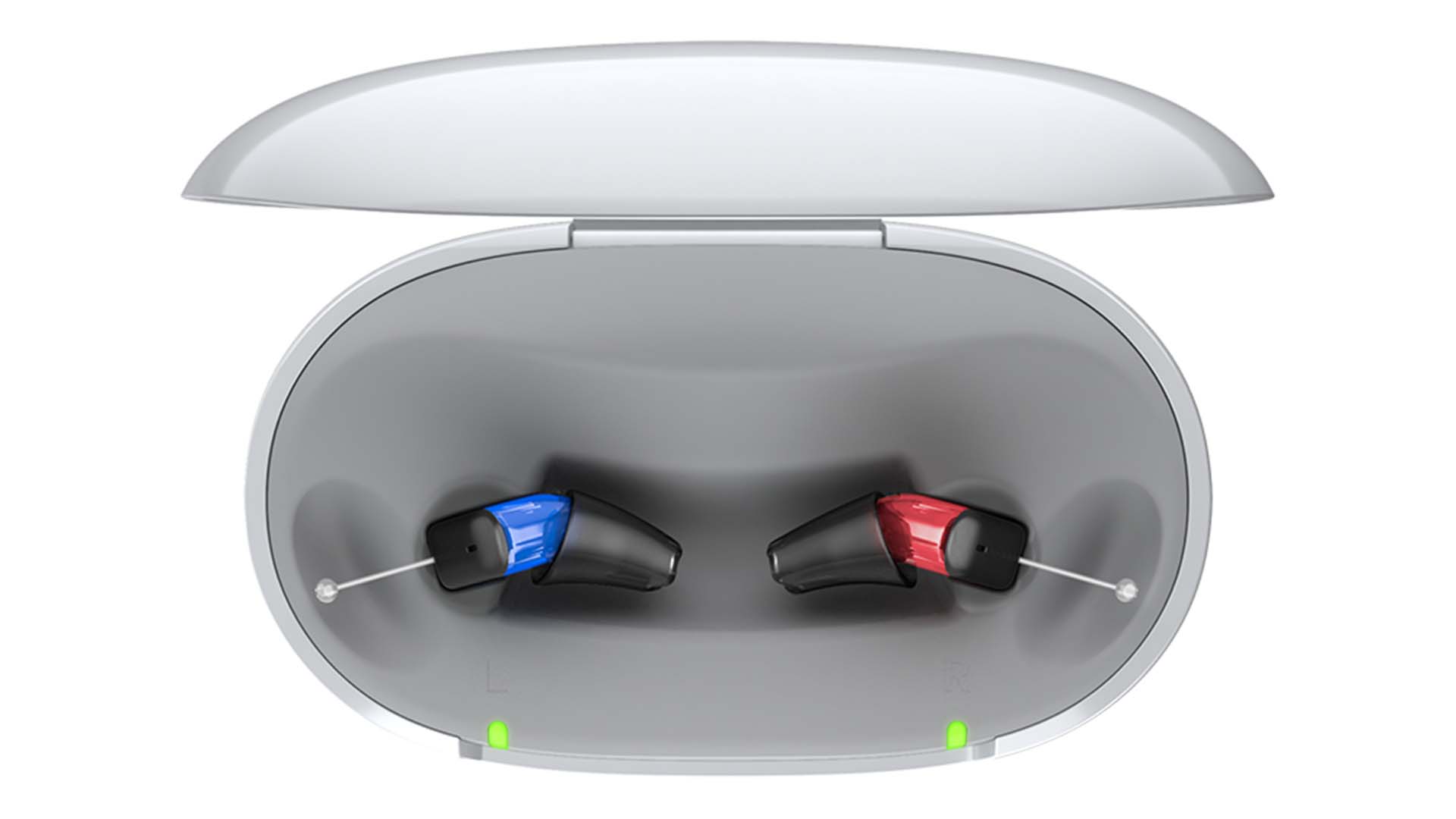 Silk Charge&Go instant-fit hearing aids in charger