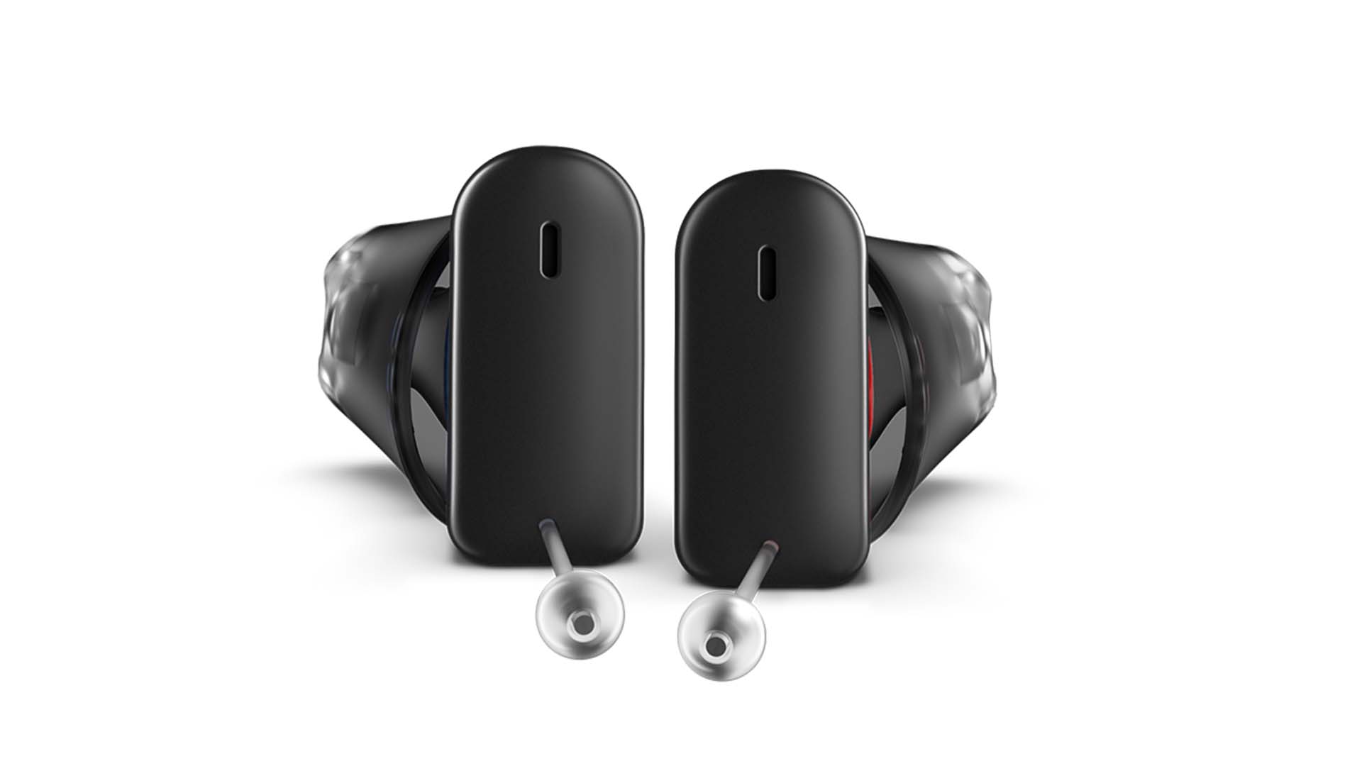A pair of Silk Charge&Go instant-fit hearing aids in color black