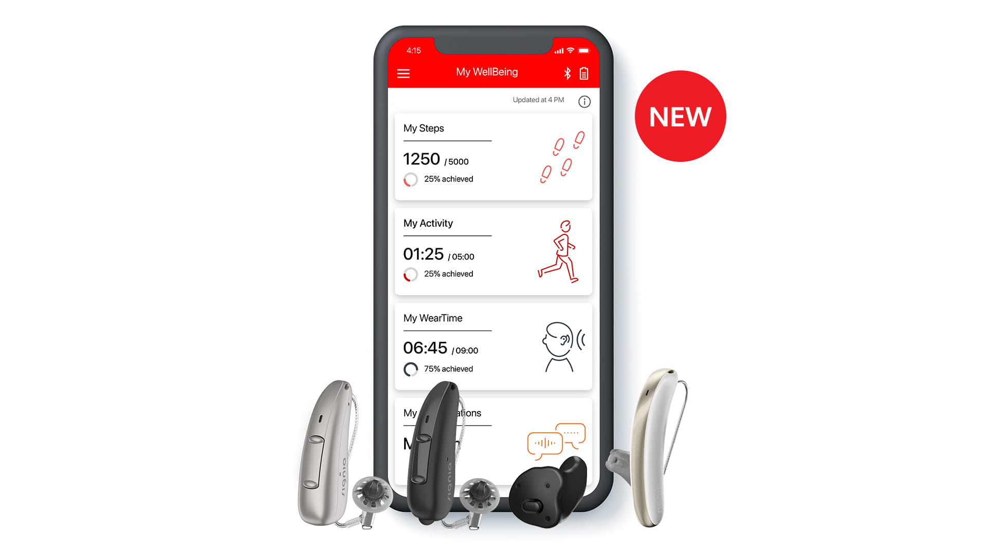Pure 312 AX, Pure Charge&Go AX, Insio Charge&Go AX, Styletto AX hearing aids in front of My WellBeing app